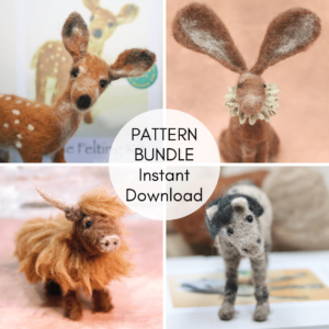 Image shows pictures of needle feltted animals that can be made from a needle felting pattern