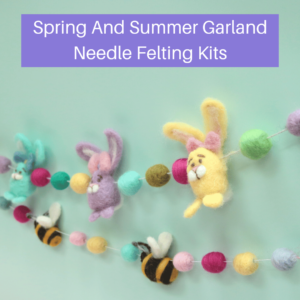 DIY spring garland ideas with needle felted bunnies and bees in bright spring pastel colours