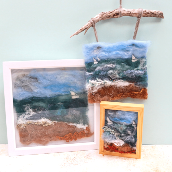 Image shows three needle felted pictures depicting the North Sea Coast