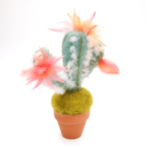 Image shows a needle felted cactus pin cushion in a teracotta pot