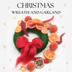 Image shows a handmade, needle felted Christmas wreath and garland