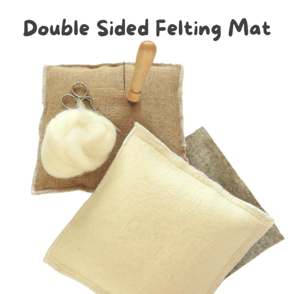 A selection of needle felting mats including a wool felting mat and a hessian felting mat.