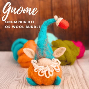 Image shows a gnome and pumpkin needle felting kit in bright orange, red, teal, and oatmeal. A cute acorn cap sits at a jaunty angle on its hat.