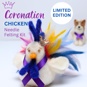 Needle felted chicken in colours red, white, purple, gold, and blue to celebrate the kings coronation.