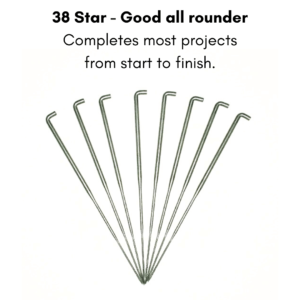 Image shows needle felting needles size 38. Text reads: £8 star felting needle, good all rounder.