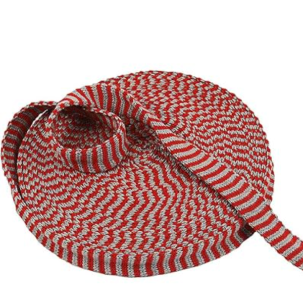 Image shows knitted tubing in red and grey stripes against a white background.