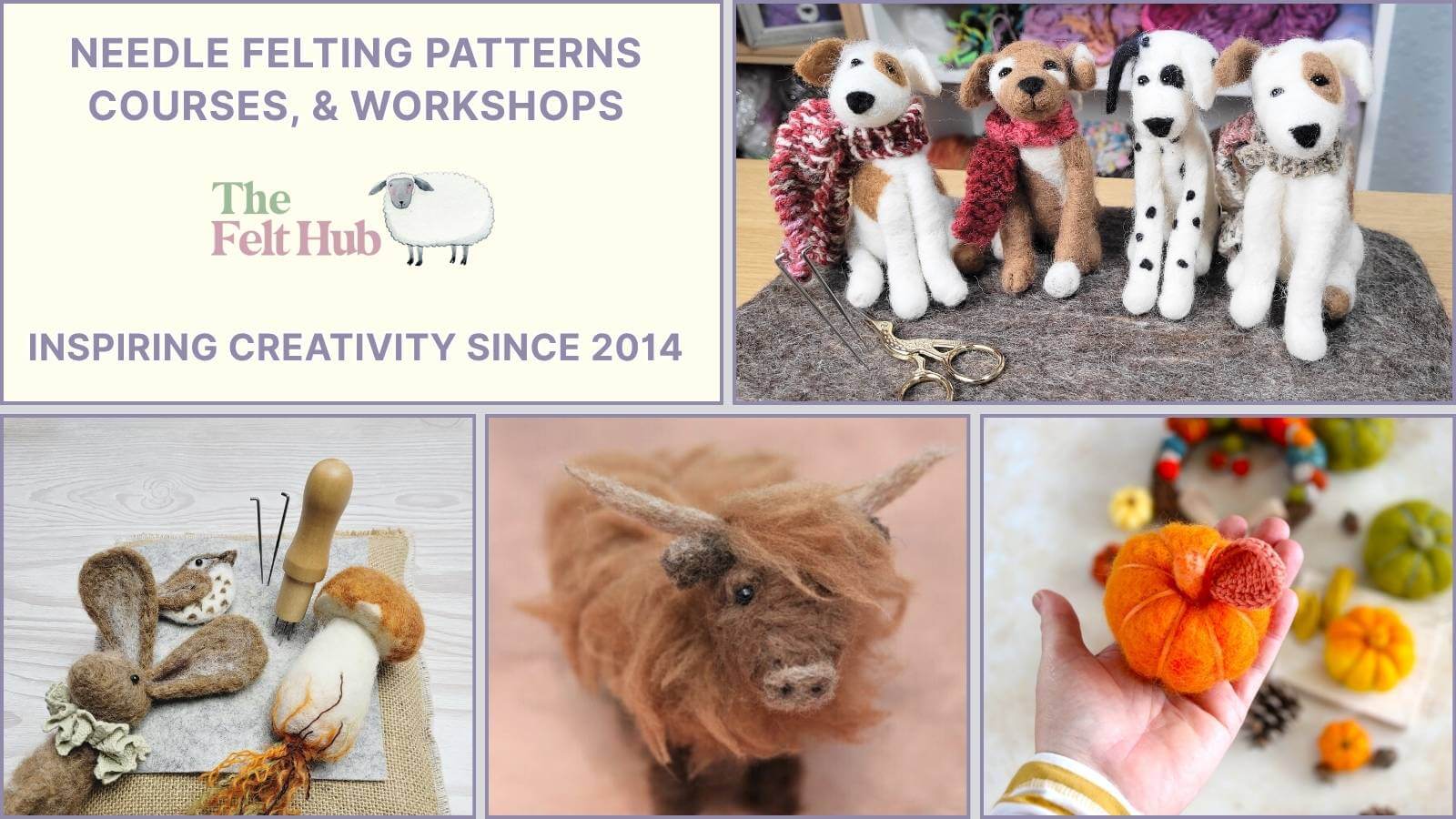 WEBSITE BANNER (1) Image shows lots of colourful needle felting projects. Text says: Needle felting kits, tools, patterns, wool, and accessories