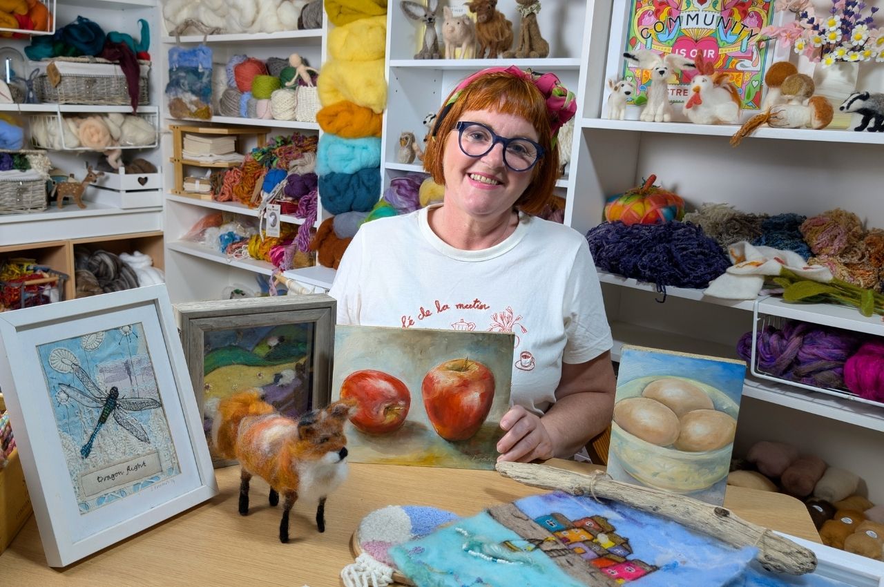Image shows lots of colourful needle felting projects. Text says: Needle felting kits, tools, patterns, wool, and accessories